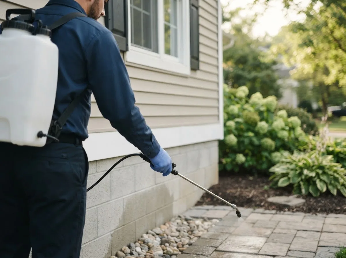 Pest control technician inspecting a home in Kearsarge, MI